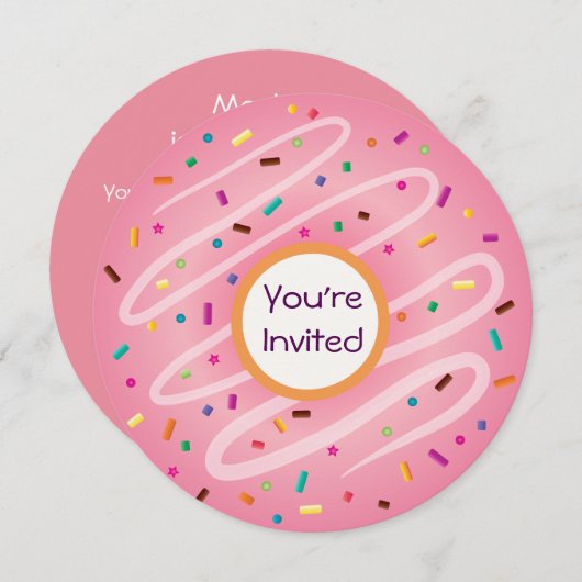 ピンクドーナツと振りかける誕生日 招待状 (正面/裏面)