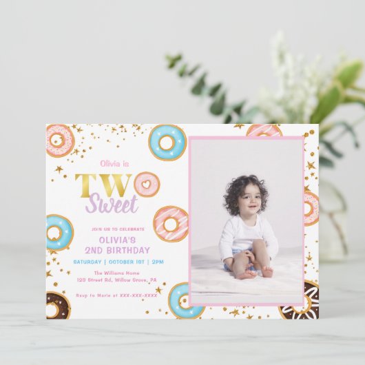 ピンクドーナツスウィートセカンドバースデー招待状 招待状 (スタンド正面)