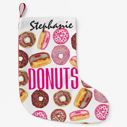 ピンクドーナツタイポグラフィおよび水彩画のかわいいドーナツ スモールクリスマスストッキング (正面)