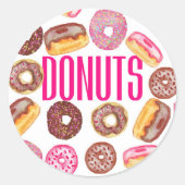 ピンクドーナツタイポグラフィと水彩可愛いドーナツ ラウンドシール (正面)