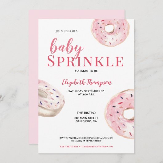 ピンクドーナツベビー散水ベビーシャワー 招待状 (正面/裏面)