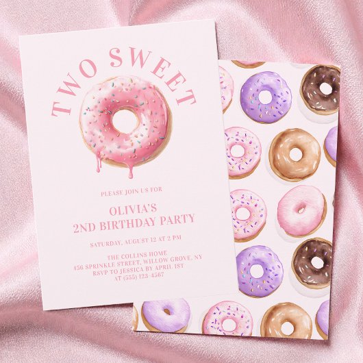ピンクドーナツ女子の2歳の誕生日パーティー Sweet 2nd 招待状