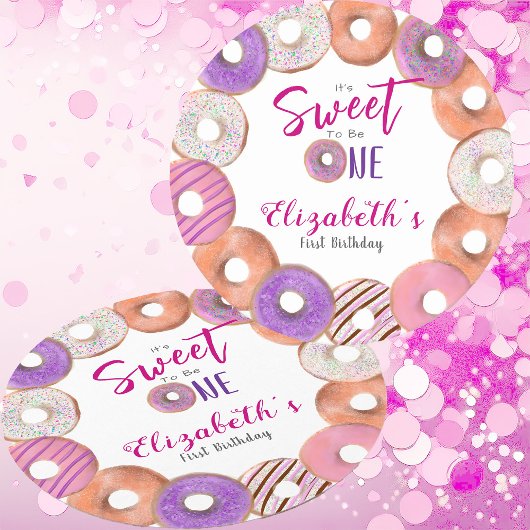 ピンクドーナツ甘い1つの最初の誕生日カスタム ラウンドペーパーコースター