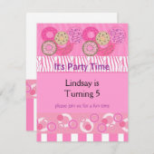 ピンクドーナツ誕生日パーティーへの招待 招待状 (正面/裏面)