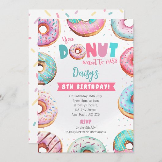 ピンクドーナツ誕生日招待状あなたが望み恋しく思る 招待状 (正面/裏面)