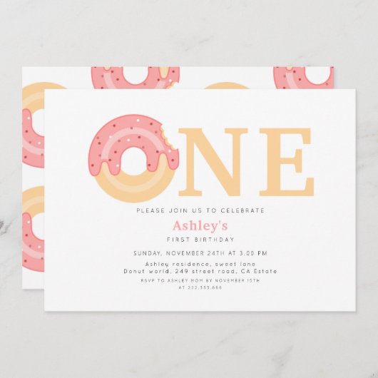 ピンクドーナツ1歳の誕生日 招待状 (正面/裏面)