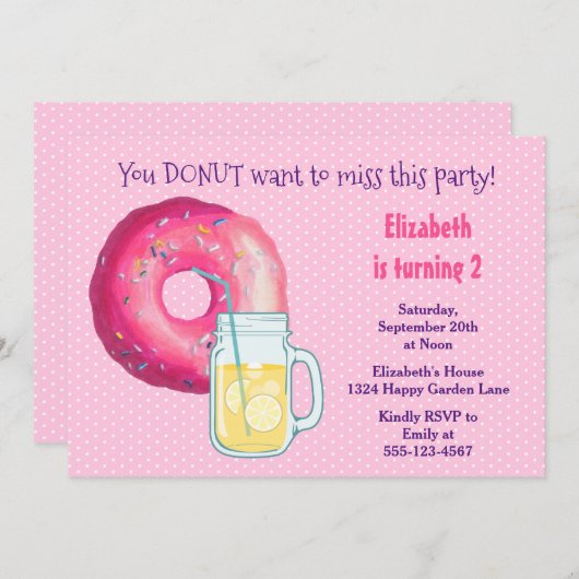 ピンクドーナツ&レモネードバースデーパーティー招待状 招待状 (正面/裏面)