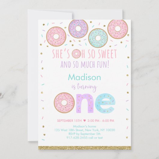 ピンクドーナツOh Soスイートファースト誕生日 招待状 (正面)