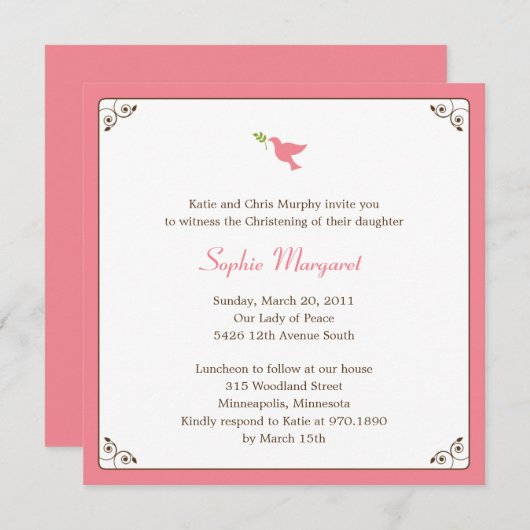 ピンクドーブバプテスマ/《キリスト教》洗礼式や命名式招待状 招待状 (正面/裏面)