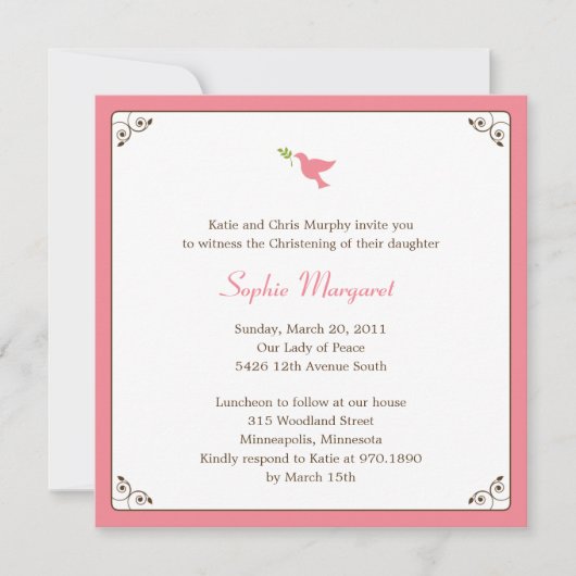 ピンクドーブバプテスマ/《キリスト教》洗礼式や命名式招待状 招待状 (正面)