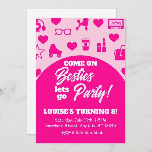 ピンクドールガールファッションデジタルダウンロード誕生日 招待状 (正面/裏面)