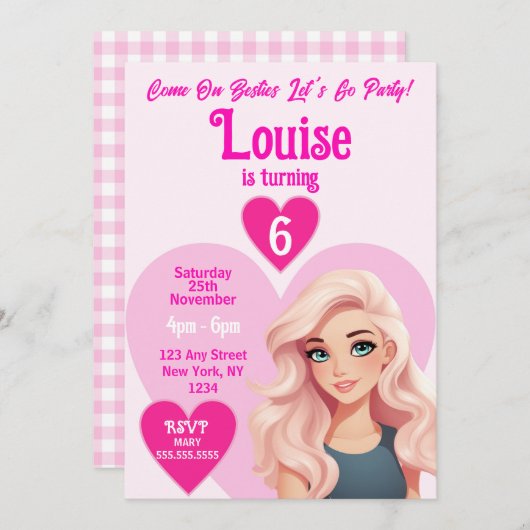 ピンクドールガールベスティーズ誕生日パーティー 招待状 (正面/裏面)