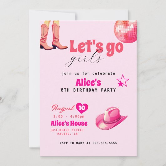 ピンクドールバースデーパーティー女の子マリブ誕生日 招待状 (正面)