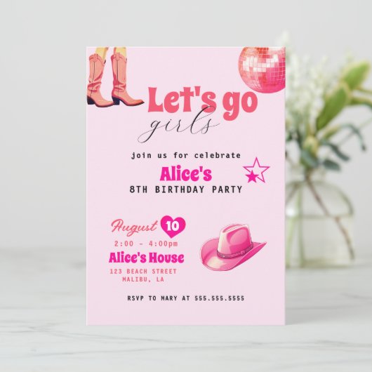 ピンクドールバースデーパーティー女の子マリブ誕生日 招待状 (スタンド正面)