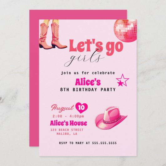 ピンクドールバースデーパーティー女の子マリブ誕生日 招待状 (正面/裏面)