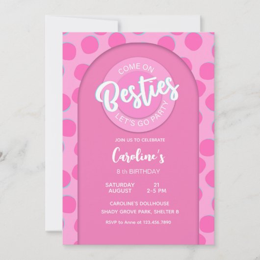 ピンクドールパーティーガール誕生日 招待状 (正面)