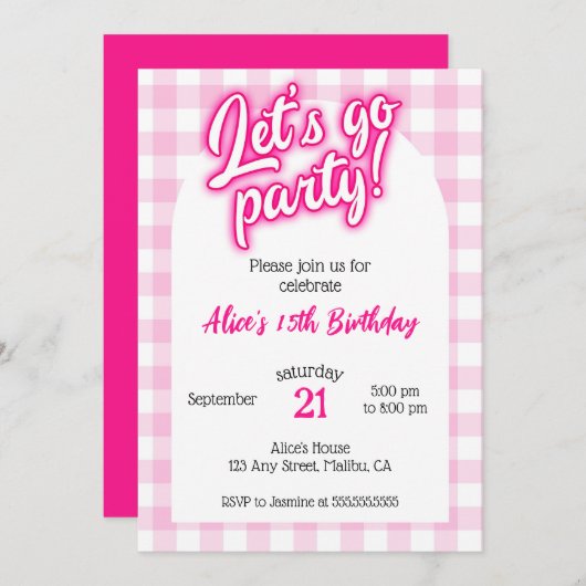 ピンクドールマリブジンガムレッツゴーズパーティー誕生日 招待状 (正面/裏面)