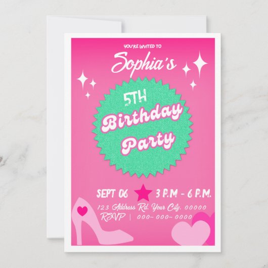 ピンクドール誕生日パーティー、女の子誕生日 招待状 (正面)