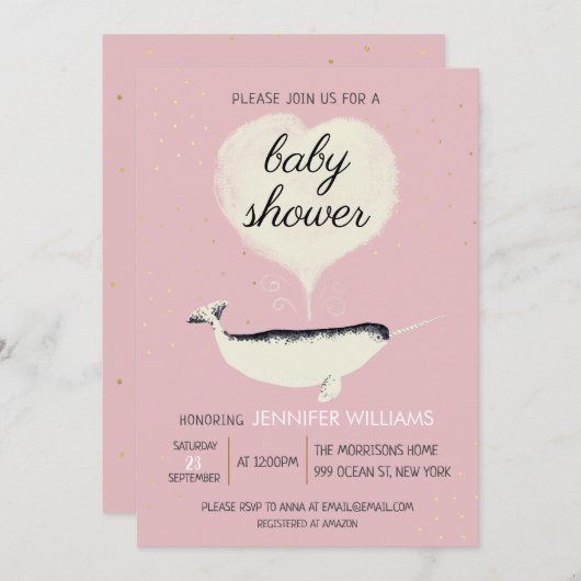ピンクナルホールホエールガールベビーシャワー招待状 招待状 (正面/裏面)