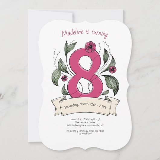 ピンクナンバー8バースデーパーティー 招待状 (正面)