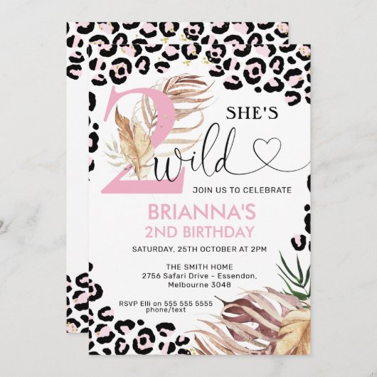 ピンクナンブサファリツーワイルド誕生日 招待状 (正面/裏面)