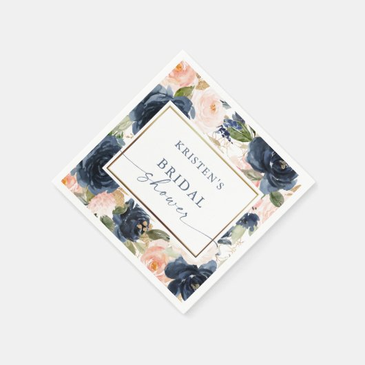 ピンクネイビーウォーター色のフローラブライダルシャワー スタンダードカクテルナプキン (角)