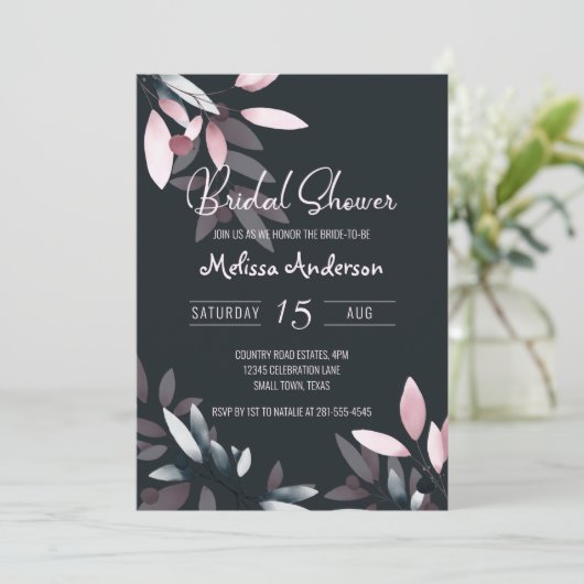 ピンクネイビーエレガントソフトウォーター色ブライダルシャワー 招待状 (スタンド正面)