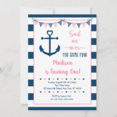 ピンクネイビーガール航海のいかりファースト誕生日 招待状 (正面)