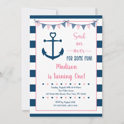 ピンクネイビーガール航海のいかりファースト誕生日 招待状 (正面)