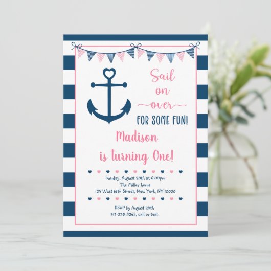 ピンクネイビーガール航海のいかりファースト誕生日 招待状 (スタンド正面)