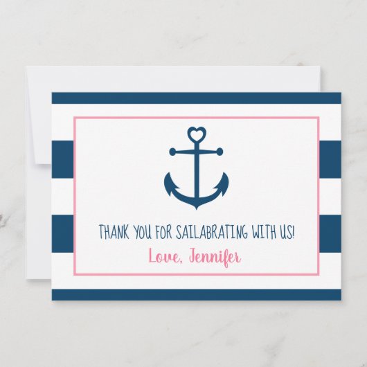 ピンクネイビーガール航海のいかりベビーシャワー サンキューカード (正面)