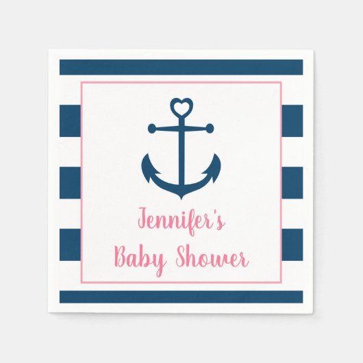 ピンクネイビーガール航海のいかりベビーシャワー スタンダードカクテルナプキン (正面)