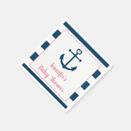 ピンクネイビーガール航海のいかりベビーシャワー スタンダードカクテルナプキン (角)