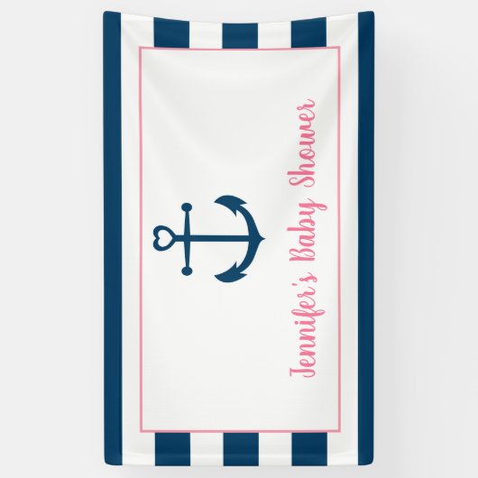 ピンクネイビーガール航海のいかりベビーシャワー 横断幕 (縦)