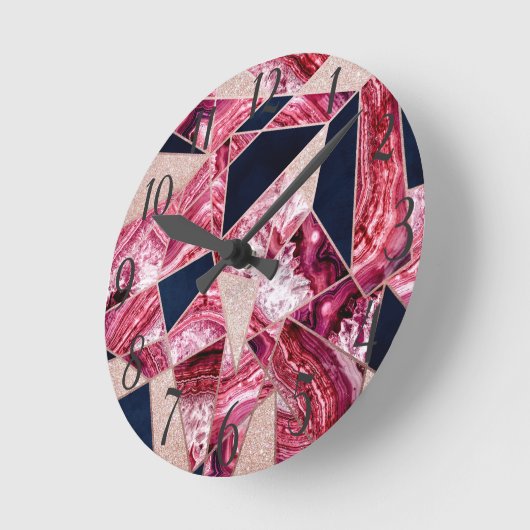 ピンクネイビーグリッターエージェントフォイルの幾何三角形 ラウンド壁時計 (傾斜)
