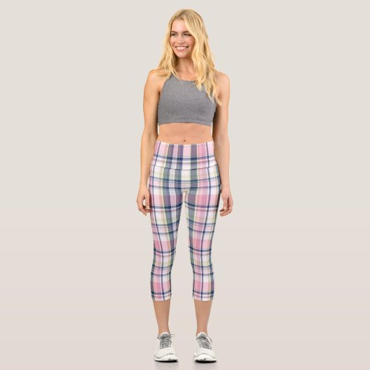 ピンクネイビーグリーンホワイト名門私立校風のマドラス#3 カプリレギンス (正面)