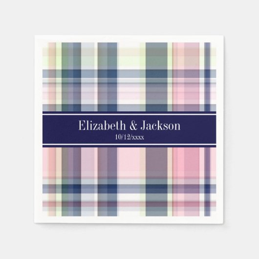 ピンクネイビーグリーンホワイト名門私立校風のマドラスNモノグラム スタンダードカクテルナプキン (正面)