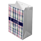 ピンクネイビーグリーンホワイト名門私立校風のマドラスNモノグラム ミディアムペーパーバッグ (正面アングル)