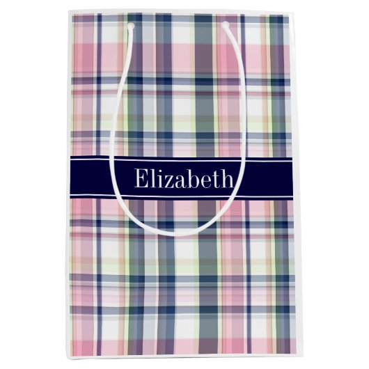 ピンクネイビーグリーンホワイト名門私立校風のマドラスNモノグラム ミディアムペーパーバッグ (正面)