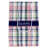 ピンクネイビーグリーンホワイト名門私立校風のマドラスNモノグラム ミディアムペーパーバッグ (裏面)