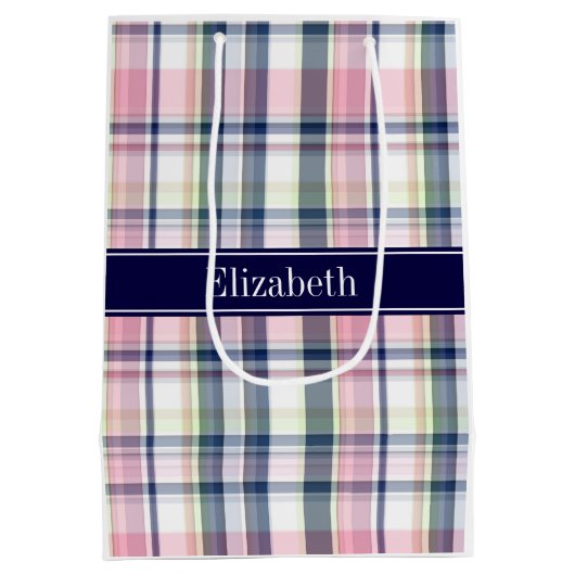 ピンクネイビーグリーンホワイト名門私立校風のマドラスNモノグラム ミディアムペーパーバッグ (裏面)