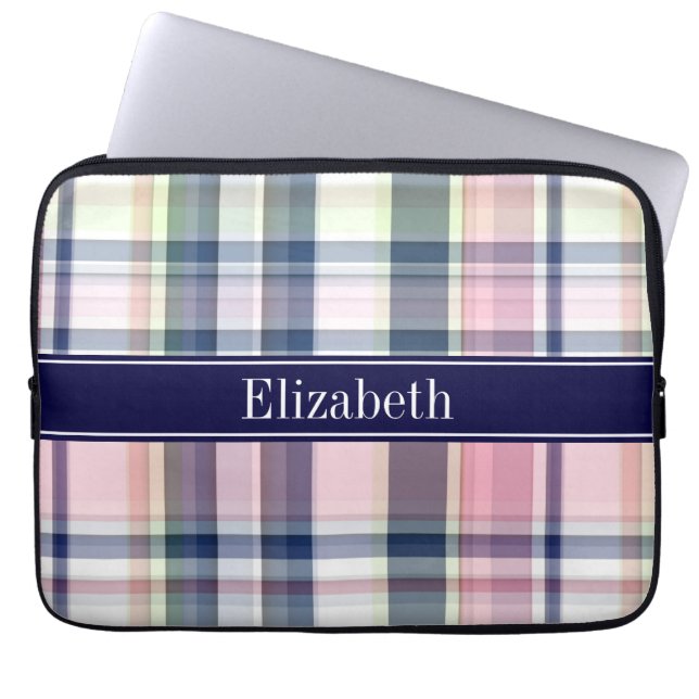 ピンクネイビーグリーンホワイト名門私立校風のマドラスNモノグラム ラップトップスリーブ (正面)