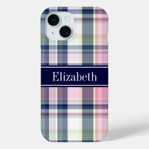 ピンクネイビーグリーンホワイト名門私立校風のマドラスNモノグラム iPhone 15ケース