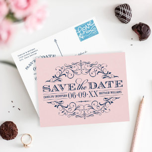 ピンクネイビースクロールワークSave the Date 案内ポストカード
