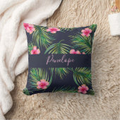 ピンクネイビートロピカルファーンモノグラム装飾用クッション クッション (ブランケット)