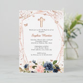 ピンクネイビーバラ金ゴールドクロスフローラガールバプテスマ 箔招待状 (立ち正面)