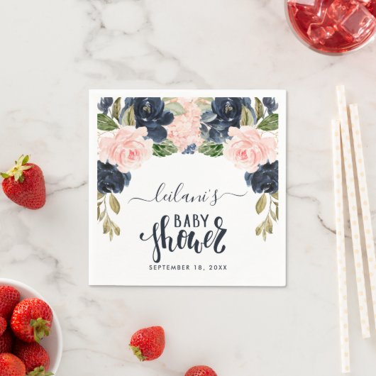 ピンクネイビーフローラアーチ水色ベビーシャワー スタンダードカクテルナプキン (インサイチュ)