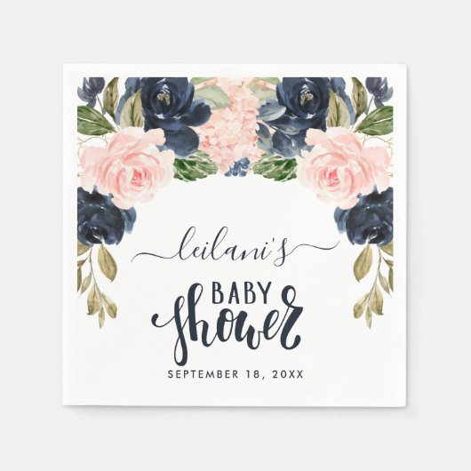 ピンクネイビーフローラアーチ水色ベビーシャワー スタンダードカクテルナプキン (正面)