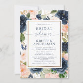 ピンクネイビーフローラウォーターカラー金ゴールドブライダルシャワー 招待状 (正面)