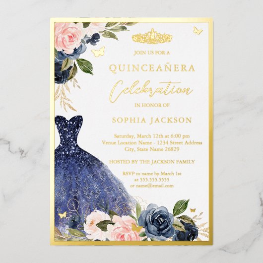 ピンクネイビーフローラティアラドレスキンセアニェラ 箔招待状 (正面)